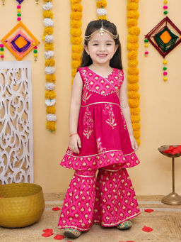 Titrit - Cotton Woven Sleeveless Printed Kurti And Sharara - Pink