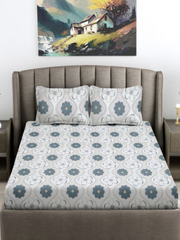 FABINALIV - Blue Floral 300 TC Cotton Blend Fitted Bedsheet with 2 Pillow Covers (King)