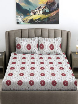 FABINALIV - Maroon Floral 300 TC Cotton Blend Fitted Bedsheet with 2 Pillow Covers (King)