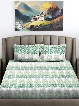 FABINALIV - Green Abstract 300 TC Cotton Blend Fitted Bedsheet with 2 Pillow Covers (King)