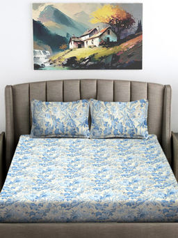 FABINALIV - Blue Floral 300 TC Cotton Blend Fitted Bedsheet with 2 Pillow Covers (King)