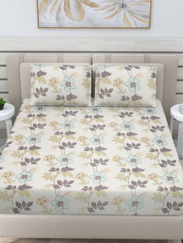 FABINALIV - Beige Floral 300 TC Cotton Blend Fitted Bedsheet with 2 Pillow Covers (King)