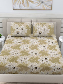 FABINALIV - Beige Floral 300 TC Cotton Blend Fitted Bedsheet with 2 Pillow Covers (King)