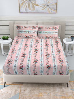 FABINALIV - Pink Floral 300 TC Cotton Blend Fitted Bedsheet with 2 Pillow Covers (King)