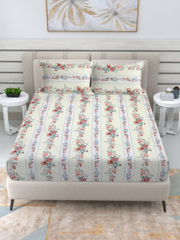 FABINALIV - Cream Floral 300 TC Cotton Blend Fitted Bedsheet with 2 Pillow Covers (King)