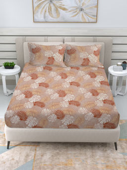 FABINALIV - Brown Floral 300 TC Cotton Blend Fitted Bedsheet with 2 Pillow Covers (King)