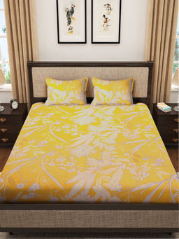 FABINALIV - Yellow Floral 300 TC Cotton Blend Fitted Bedsheet with 2 Pillow Covers (King)