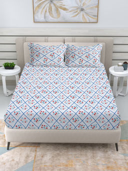 FABINALIV - Blue Floral 300 TC Cotton Blend Fitted Bedsheet with 2 Pillow Covers (King)