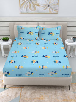 FABINALIV - Blue Cartoon Print 300 TC Cotton Blend Fitted Bedsheet with 2 Pillow Covers (King)