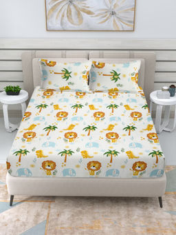 FABINALIV - White Cartoon Print 300 TC Cotton Blend Fitted Bedsheet with 2 Pillow Covers (King)