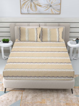 FABINALIV - Beige Striped 300 TC Cotton Blend Fitted Bedsheet with 2 Pillow Covers (King)