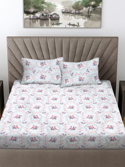 FABINALIV - White Floral 300 TC Cotton Blend Fitted Bedsheet with 2 Pillow Covers (King)