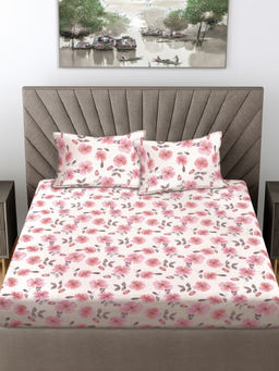 FABINALIV - Pink Floral 300 TC Cotton Blend Fitted Bedsheet with 2 Pillow Covers (King)