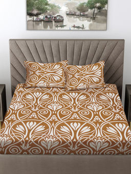 FABINALIV - Brown Floral 300 TC Cotton Blend Fitted Bedsheet with 2 Pillow Covers (King)