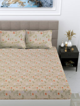 FABINALIV - Beige Floral 300 TC Cotton Blend Fitted Bedsheet with 2 Pillow Covers (King)