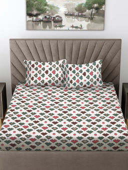 FABINALIV - White Cartoon Print 300 TC Cotton Blend Fitted Bedsheet with 2 Pillow Covers (King)