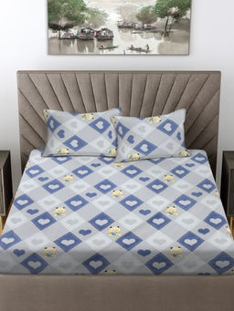 FABINALIV - Blue Cartoon Print 300 TC Cotton Blend Fitted Bedsheet with 2 Pillow Covers (King)