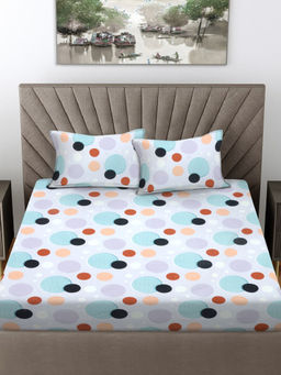 FABINALIV - Blue Geometric 300 TC Cotton Blend Fitted Bedsheet with 2 Pillow Covers (King)