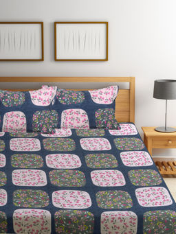 FABINALIV - Navy Blue Floral 300 TC Cotton Blend Fitted Bedsheet with 2 Pillow Covers (King)
