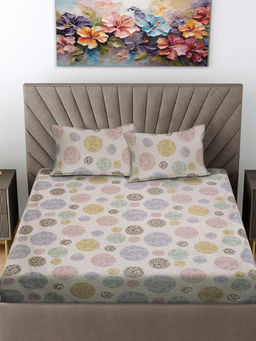 FABINALIV - Beige Geometric 300 TC Cotton Blend Fitted Bedsheet with 2 Pillow Covers (King)