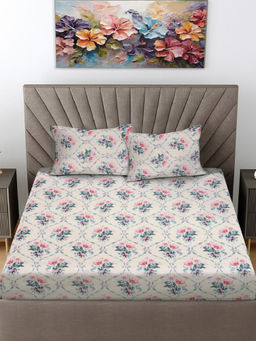 FABINALIV - White Floral 300 TC Cotton Blend Fitted Bedsheet with 2 Pillow Covers (King)