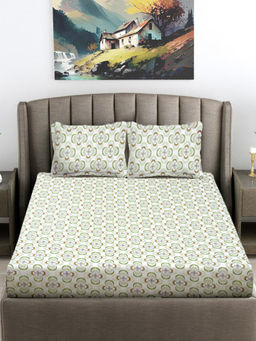 FABINALIV - White Floral 300 TC Cotton Blend Fitted Bedsheet with 2 Pillow Covers (King)