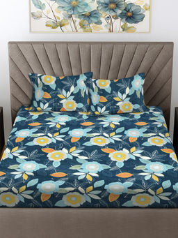 FABINALIV - Navy Blue Floral 300 TC Cotton Blend Fitted Bedsheet with 2 Pillow Covers (King)