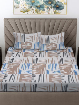 FABINALIV - White Geometric 300 TC Cotton Blend Fitted Bedsheet with 2 Pillow Covers (King)