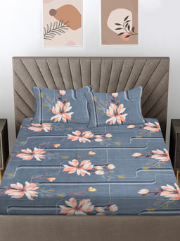 FABINALIV - Grey Floral 300 TC Cotton Blend Fitted Bedsheet with 2 Pillow Covers (King)