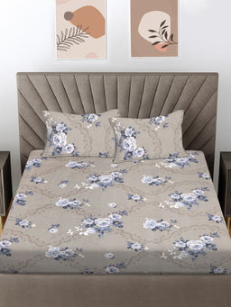 FABINALIV - Grey Floral 300 TC Cotton Blend Fitted Bedsheet with 2 Pillow Covers (King)
