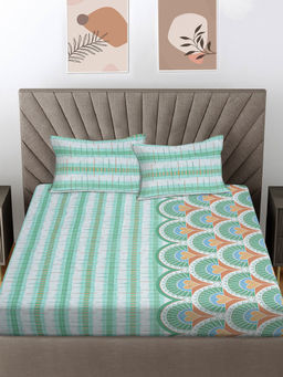 FABINALIV - Green Geometric 300 TC Cotton Blend Fitted Bedsheet with 2 Pillow Covers (King)