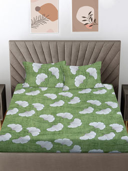 FABINALIV - Green Floral 300 TC Cotton Blend Fitted Bedsheet with 2 Pillow Covers (King)