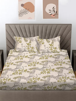 FABINALIV - Beige Floral 300 TC Cotton Blend Fitted Bedsheet with 2 Pillow Covers (King)