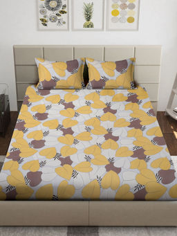 FABINALIV - Yellow Floral 300 TC Cotton Blend Fitted Bedsheet with 2 Pillow Covers (King)