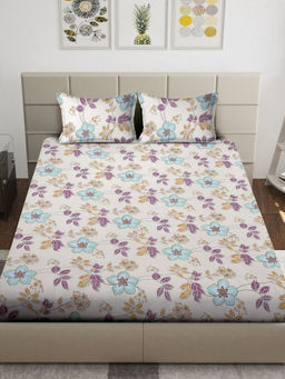 FABINALIV - Beige Floral 300 TC Cotton Blend Fitted Bedsheet with 2 Pillow Covers (King)