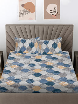 FABINALIV - Grey Geometric 300 TC Cotton Blend Fitted Bedsheet with 2 Pillow Covers (King)