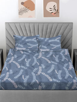 FABINALIV - Navy Blue Floral 300 TC Cotton Blend Fitted Bedsheet with 2 Pillow Covers (King)