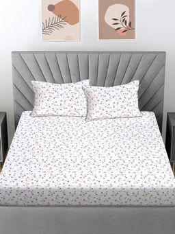 FABINALIV - White Floral 300 TC Cotton Blend Fitted Bedsheet with 2 Pillow Covers (King)
