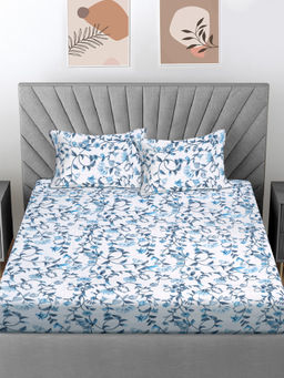 FABINALIV - White Floral 300 TC Cotton Blend Fitted Bedsheet with 2 Pillow Covers (King)