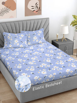 FABINALIV - Blue Floral 300 TC Cotton Blend Fitted Bedsheet with 2 Pillow Covers (King)