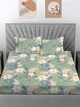 FABINALIV - Green Floral 300 TC Cotton Blend Fitted Bedsheet with 2 Pillow Covers (King)
