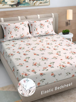 FABINALIV - Beige Floral 300 TC Cotton Blend Fitted Bedsheet with 2 Pillow Covers (King)