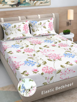 FABINALIV - White Floral 300 TC Cotton Blend Fitted Bedsheet with 2 Pillow Covers (King)
