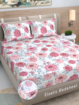 FABINALIV - White Floral 300 TC Cotton Blend Fitted Bedsheet with 2 Pillow Covers (King)
