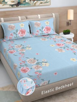 FABINALIV - Blue Floral 300 TC Cotton Blend Fitted Bedsheet with 2 Pillow Covers (King)