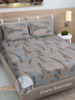 FABINALIV - Grey Floral 300 TC Cotton Blend Fitted Bedsheet with 2 Pillow Covers (King)