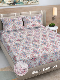 FABINALIV - Multi-Color Ethnic 300 TC Cotton Blend Fitted Bedsheet with 2 Pillow Covers (King)