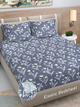 FABINALIV - Blue Floral 300 TC Cotton Blend Fitted Bedsheet with 2 Pillow Covers (King)