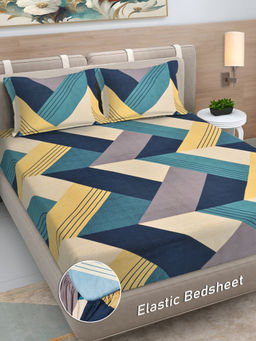 FABINALIV - Multi-Color Geometric 300 TC Cotton Blend Fitted Bedsheet with 2 Pillow Covers (King)
