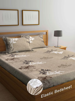 FABINALIV - Brown Floral 300 TC Cotton Blend Fitted Bedsheet with 2 Pillow Covers (King)
